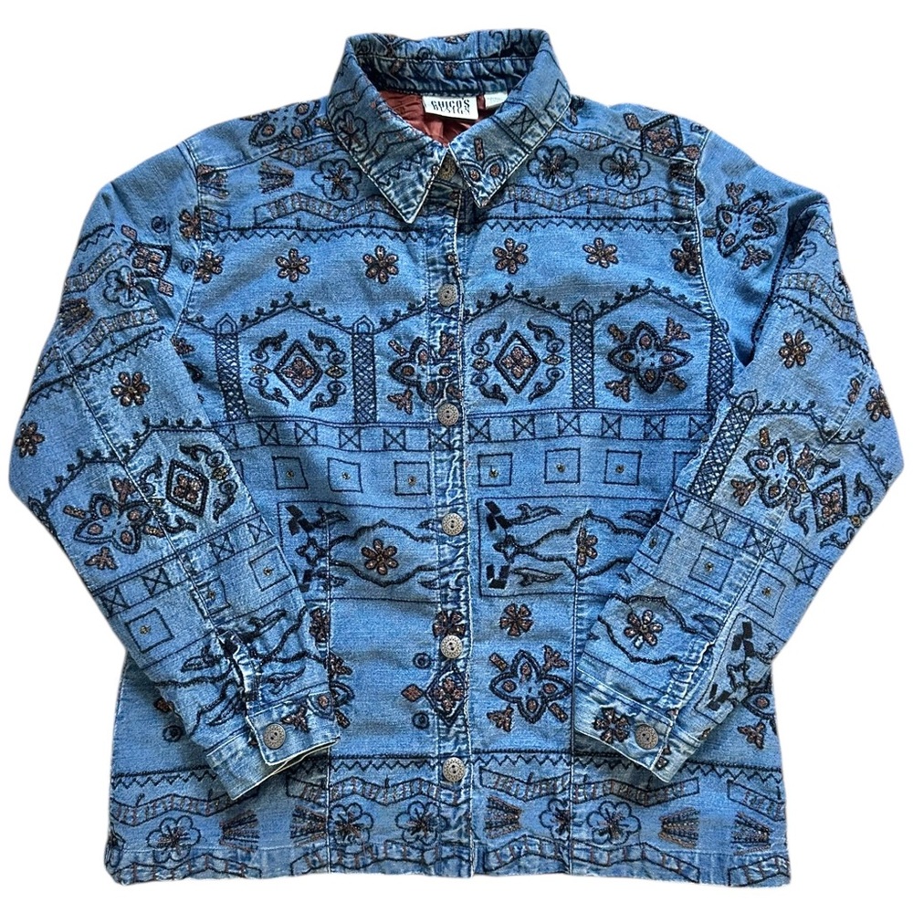 Chico's Design Denim Jean Embroidered Beaded Shirt Jacket Shacket Womens 2 12